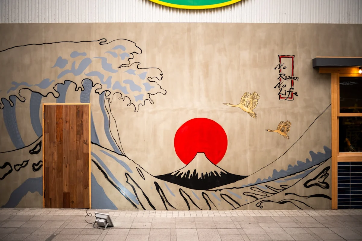 Japanese-inspired wall art with a door.