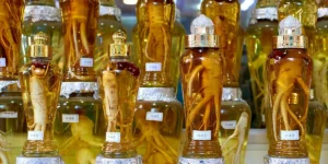 Glasses of ginseng in a South Korean traditional Chinese medicine store.