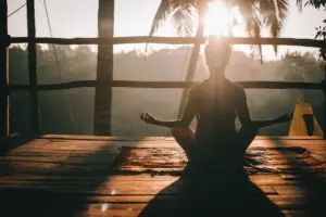 a wide version of the morning yoga session over looking the Bali jungle.
